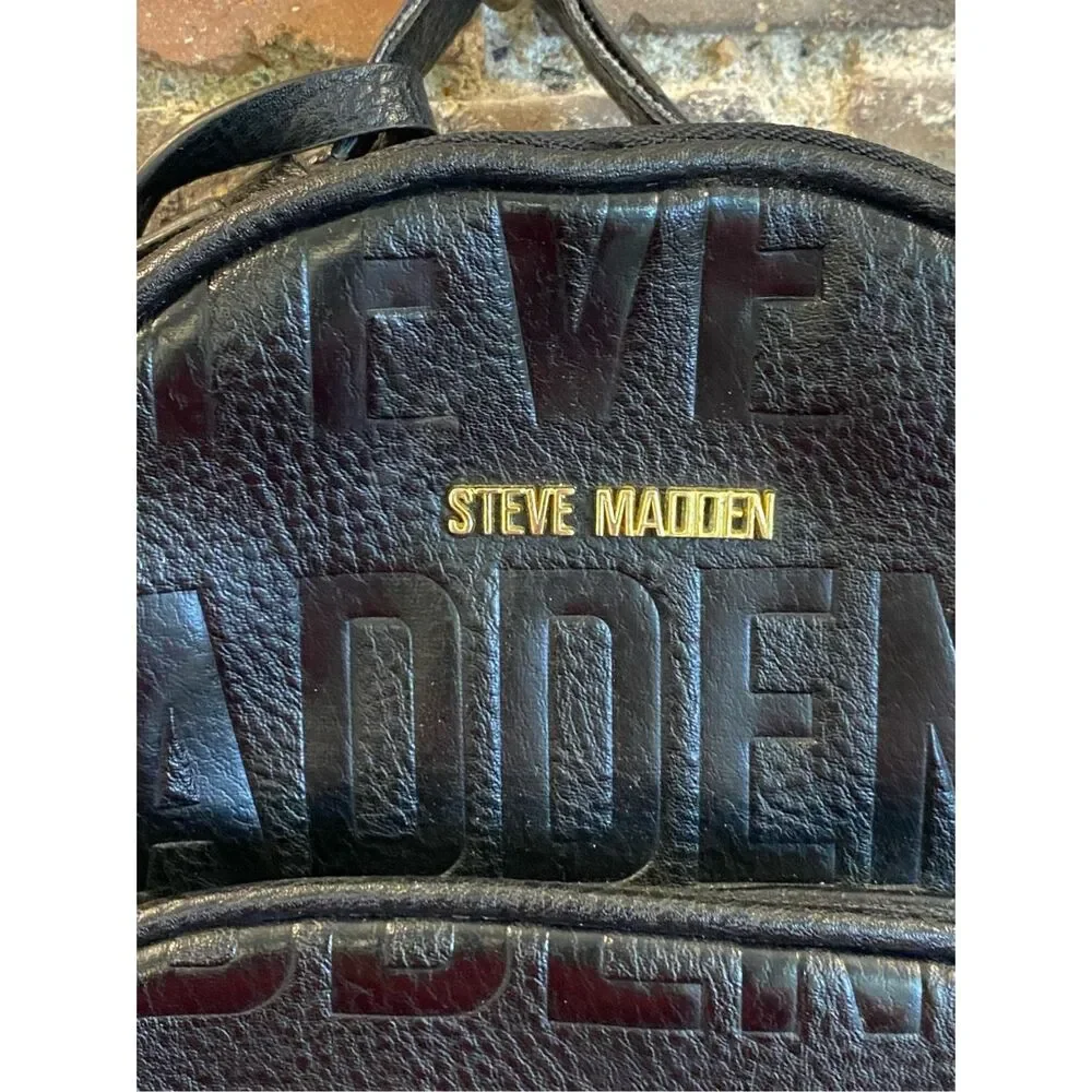 Steve Madden Mini Backpack Purse Black Embossed Leather Logo
